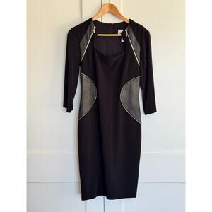 JOSEPH RIBKOFF Black Bodycon Dress with Faux Leather Slimming Knee Length Sz 6